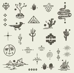 an assortment of native symbols and designs in black on white paper, including cacti