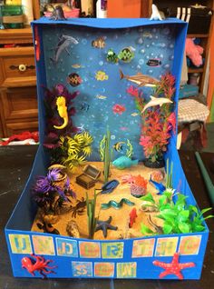 an open cardboard box filled with different types of sea animals and fish in the ocean