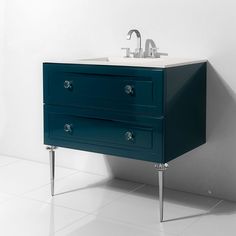 a bathroom vanity with two drawers and a faucet on the side, against a white wall