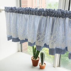 a potted cactus sitting next to a window with blue and white checkered curtains