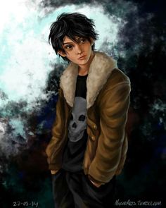 a drawing of a boy with black hair and a skull on his shirt, standing in front of a dark background