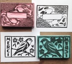 three rubber stamps with birds and flowers on them