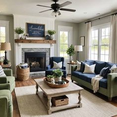 a living room filled with furniture and a fire place in the middle of a room