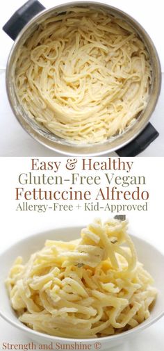 the ingredients for this healthy gluten - free vegan fettuccine alfredo are