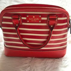 Adorable Red And White Striped Bag. All Metal Detailing Is Gold. Includes A Detachable And Adjustable Red Strap And A Matching Wallet. Never Worn And In Excellent Condition. White Kate Spade Bag With Zipper Closure, Kate Spade Red Crossbody Shoulder Bag, Kate Spade Red Rectangular Shoulder Bag, Kate Spade Red Tote Shoulder Bag, Kate Spade Red Travel Bag, Kate Spade Red Bags For Daily Use, Kate Spade Red Satchel Bag, Kate Spade Red Shoulder Bag For Everyday, Red Kate Spade Shoulder Bag For Everyday