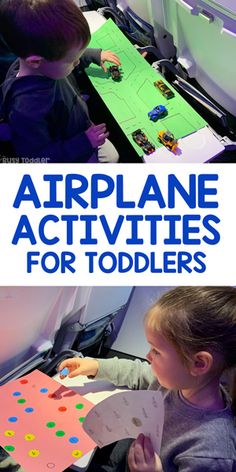 two children playing with airplane activities for toddlers and an air plane in the background