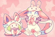 two cute little bunnies sitting next to each other on a pink background with stars