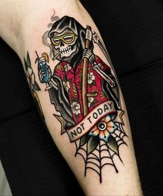 a man with a tattoo on his arm holding a knife and a skull in the center