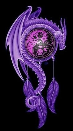 a purple clock with a dragon design on it's face and wings hanging from the side