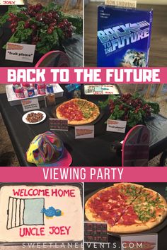 the back to the future viewing party is set up with pizzas and other decorations