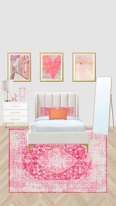 a bedroom with pink and white decor on the walls, bed, dresser, mirror and rug