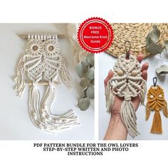 two pictures with the same pattern and instructions to make macrame keychains