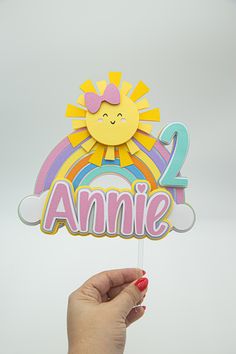 a person holding up a sign with the word annie on it in front of a white background