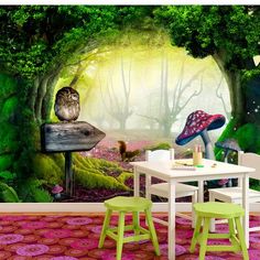 an image of a forest scene with mushrooms and owls on the bench wall mural print