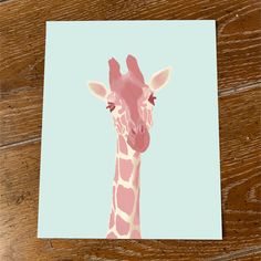 a giraffe's head is shown against a light blue background with pink highlights