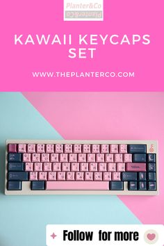 a pink keyboard sitting on top of a blue and pink background with the words kawaii keycaps set below it