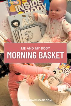 a baby sitting on top of a table next to a basket filled with books