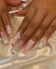 Nails With Lots Of Gems, Acrylic Nails Ideas With Charms, Pink Nails With Charms Y2k, Girly Y2k Nails, Plain Acrylic Nails With Gems, Ballerina Core Nails, Synthetic Clip In Extensions, Light Pink Nails With Charms, Latina Nail Inspo Long