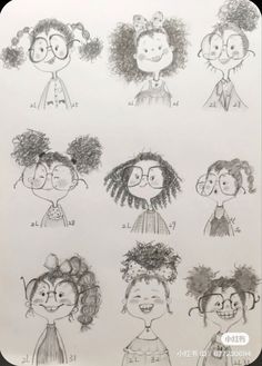 some drawings of people with different hair styles and facial expressions on their faces, all drawn by hand