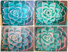 four pictures of blue and green flowers with one flower in the middle, two on the other