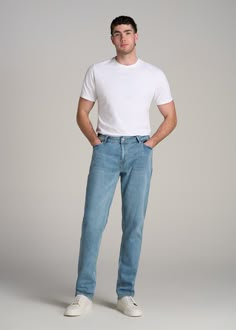 About Our Tall Relaxed Fit Jeans New name, same great fit.We used to call these 'semi-relaxed', but we realized that we were selling them short. These jeans are a true relaxed fit - the same fit you know & love. The only change is the name. Relaxed and super-long. These men's tall jeans have a relaxed fit that's generous without being too loose or baggy. They have slightly more room across the hips and thighs than our other styles while still providing the length you need. Like all of our jeans Relaxed Fit Jeans For Men, Jeans Outfit Men Street Style, Relaxed Fit Jeans Men Outfit, Men In Jeans, Loose Fit Jeans Outfit Men, Mens Jeans Outfit Casual, Big And Tall Men Outfits, Men Jeans Outfit, Tall Men