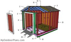 an outhouse with measurements for the roof and side walls