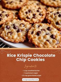 chocolate chip cookies on a white plate with the words rice krispie chocolate chip cookies