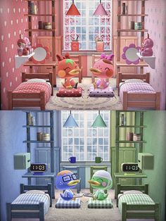 two pictures of the same room in animal crossing