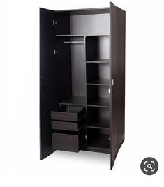 an open black cabinet with drawers and shelves