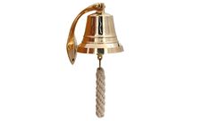 a brass bell with a rope hanging from it's side on a white background