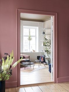 an open door leading to a living room with pink walls and wood floors, along with a plant in a black vase on the floor