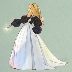 a drawing of a woman in a dress with long blonde hair wearing a black and white jacket