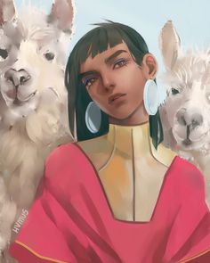 a woman in pink is surrounded by llamas and alpacas, with her head tilted to the side