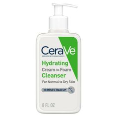 CeraVe Hydrating Cream-to-Foam Face Cleanser is a one-step face wash for daily facial cleansing, face and eye makeup removal, and long-lasting hydration. Gently removes dirt, excess oil, and even long-wear foundation and daily SPF sunscreen residue. Cleanser for face dispenses as a rich cream and transforms into a foam as you lather into skin. Non-drying formula thoroughly cleanses without stripping skin of moisture or leaving a tight, dry feeling. Suitable for normal to dry skin. Fragrance free Cerave Cleanser, Best Face Wash, Foaming Facial Cleanser, Foaming Face Wash, Facial Cleansers, Hydrating Cream, Facial Wash, Eye Makeup Remover, Spf Sunscreen