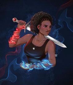 a digital painting of a woman holding a knife in her right hand and wearing a black tank top