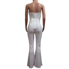 Sexy Strapless Stripes Patchwork Long Jumpsuit with Belt Fitted High Waist Tube Top For Party, White High-waisted Strapless Jumpsuit For Night Out, Fitted Strapless Jumpsuit For Club, Stretch High Waist Strapless Jumpsuit For Party, Strapless Fitted Jumpsuits For Club, White High Waist Fitted Strapless Jumpsuit, Strapless Fitted Jumpsuits And Rompers For Club, White Stretch Strapless Jumpsuit For Party, White Fitted Strapless Bodysuit