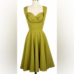 Limited Edition. Beautiful Olive Green Thick Fabric! Pockets! A Few Small Pulls Here (See Pic) And There But Hardly Noticeable! Excellent Shape. Runs Small. Bust 36” Waist 28” This Is A True 1950s Fit With A Flattering Cut For Ladies With Curves. This Rayon Dress Has Quite A Versatile Fit Through The Bust. The Bodice Top Is Lined In The Same Fabric And Very Constructed. The 1950s Style Bodice Is Open And There Are Bust Inserts Of Shaped And Gathered Fabric To Totally Enhance The Size And Look Of The Bust. The Bust Area Works Well On Smaller Chests, Too! This Version Of The Classic Honey Dress Features A Concealed Back Zipper, And Hits Most At Or Above The Knee. Trashy Diva, Diva Dress, Bodice Top, Rayon Dress, Small Chest, 1950s Fashion, Above The Knee, Olive Green, Bodice