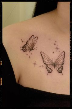 Butterfly Tattoos Inspiration North Star And Butterfly Tattoo, Magical Butterfly Tattoo, Collar Bone Tattoo Butterfly, Butterfly Sparkle Tattoo, Brown Butterfly Tattoo, Whimsical Butterfly Tattoo, Butterfly Collarbone Tattoo, Butterfly Tattoo Collar Bone, Y2k Butterfly Tattoo