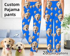 two dogs wearing blue pajamas with their faces on them and one dog looking at the camera