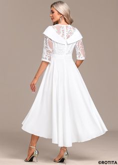 White 3/4 Sleeve Evening Dress, White A-line Midi Dress With Lace Patchwork, White Midi Dress With Lace Patchwork And Short Sleeves, White Fitted Dress With Half Sleeves, Lace Patchwork, Midi Dress, Lace, White, Clothes