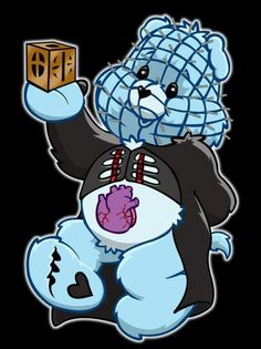 a blue teddy bear holding up a small box with a heart on it's chest