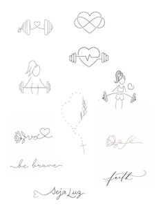 the drawing shows different things that are in this picture, including hearts and dumbbells