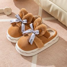 Bow Suede Cotton Slippers - Best Galore Khaki Heels, Winter Bunny, Female Packing List, Kids Leather Shoes, Kids Snow Boots, Basic Heels, Shoe Covers, Snow Boots Women, Bunny Ears