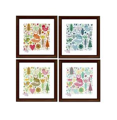 four framed art pieces with animals and plants in different colors on the same square piece