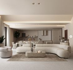 a living room filled with white furniture and lots of windows