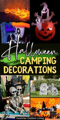 halloween camping decorations with pumpkins and skeletons