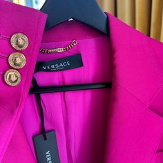 Brand New With Tags! Size 46 Gold Medusa Embellished Hardware Currently Selling Online For $1300 Luxury Pink Party Blazer, Versace Suit, Versace Blazer, Vintage Skirt Suit, Black Skirt Suit, Versace Jacket, Colorful Jacket, Blazer And Skirt Set, Cropped Blazer Jacket