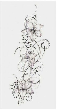 a drawing of flowers with stars and swirls on the bottom half of their arm