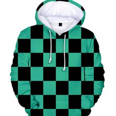 Anime Cosplay Demon Slayer Style Hoodies. Green & Black Checkered~Sz Xxl 3d Print. Hooded With Draw String. Pullover, Two Front Pockets. Unisex. Nwot. Kamado Tanjirou, Outfit Hoodie, Plaid Outfits, Winter Sweatshirt, Anime Cosplay, Kimetsu No Yaiba