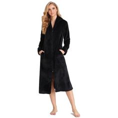 Zipper closure100% polyester. S/m/l/xl four sizes for women, soft and warm fleece bathrobe robe with zipper. A full-length front zipper makes getting in and out of your robe as easy as can be and ensures it stays securely closed for extra peace of mind. Feel relaxed and at ease in your robe, whether you're fresh out of the shower or making a cup of evening tea. Gift package. Great gift for family and friends, Christmas gift selection. Alwyn Home Size: S, Color: Black | Alwyn Home Lakeville Fleec Cozy Long Sleeve Winter Robe, Long Sleeve Winter Sleep Robe, Black Winter Loungewear Robe, Winter Black Robe For Loungewear, Black Long Sleeve Sleep Robe, Cozy Winter Robe For Daywear, Fall Relaxation Robe With Long Sleeves, Black Sleep Robe, Fall Long Sleeve Robe For Relaxation